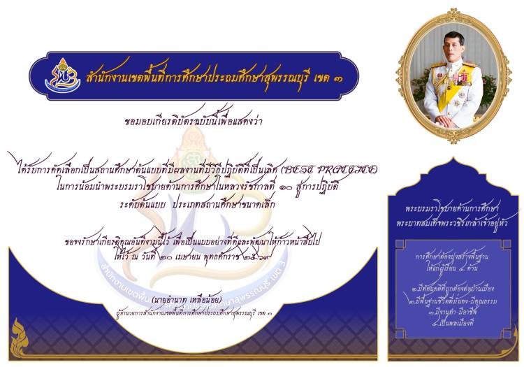 เกียรติบัตรสถานศึกษาต้นแบบที่มีผลงานที่มีวิธีปฏิบัติที่เป็นเลิศ (Best Practice) ในการน้อมนำพระบรมราโชบายด้านการศึกษาในหลวงรัชกาลที่ 10 สู่การปฏิบัติ (4 ด้าน)