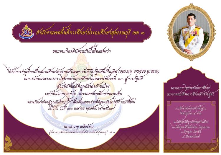 เกียรติบัตรสถานศึกษาต้นแบบที่มีผลงานที่มีวิธีปฏิบัติที่เป็นเลิศ (Best Practice) ในการน้อมนำพระบรมราโชบายด้านการศึกษาในหลวงรัชกาลที่ 10 สู่การปฏิบัติ (รายด้าน)