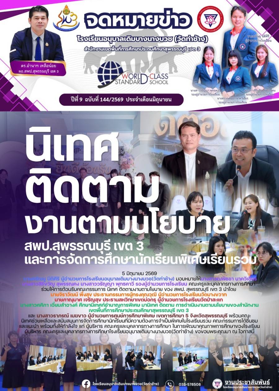 นิเทศ ติดตาม งานนโยบายของ สพป.สุพรรณบุรี เขต 3 ภาคเรียนที่ 1/2569 โรงเรียนอนุบาลเดิมบางนางบวช (วัดท่าช้าง)