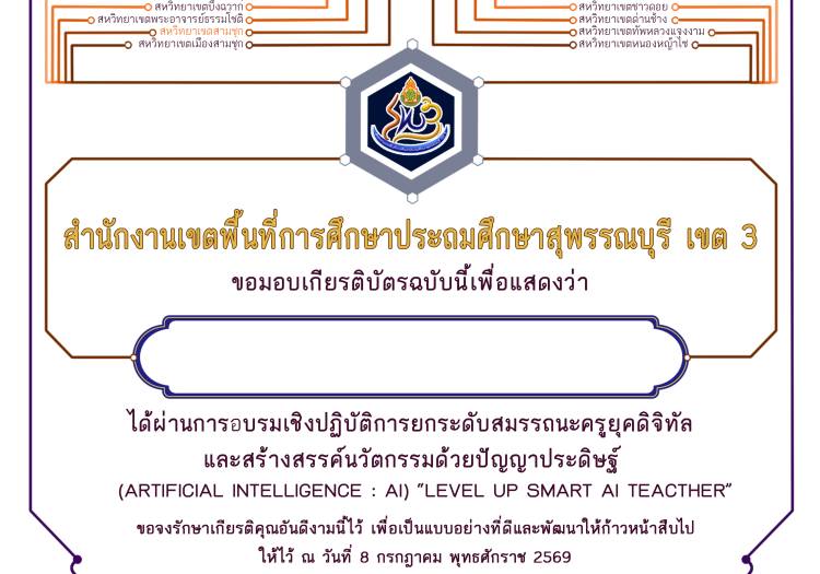 เกียรติบัตรอบรมเชิงปฏิบัติการยกระดับสมรรถนะครูยุคดิจิทัลและสร้างสรรค์นวัตกรรมด้วย Artificial Intelligence (AI) 